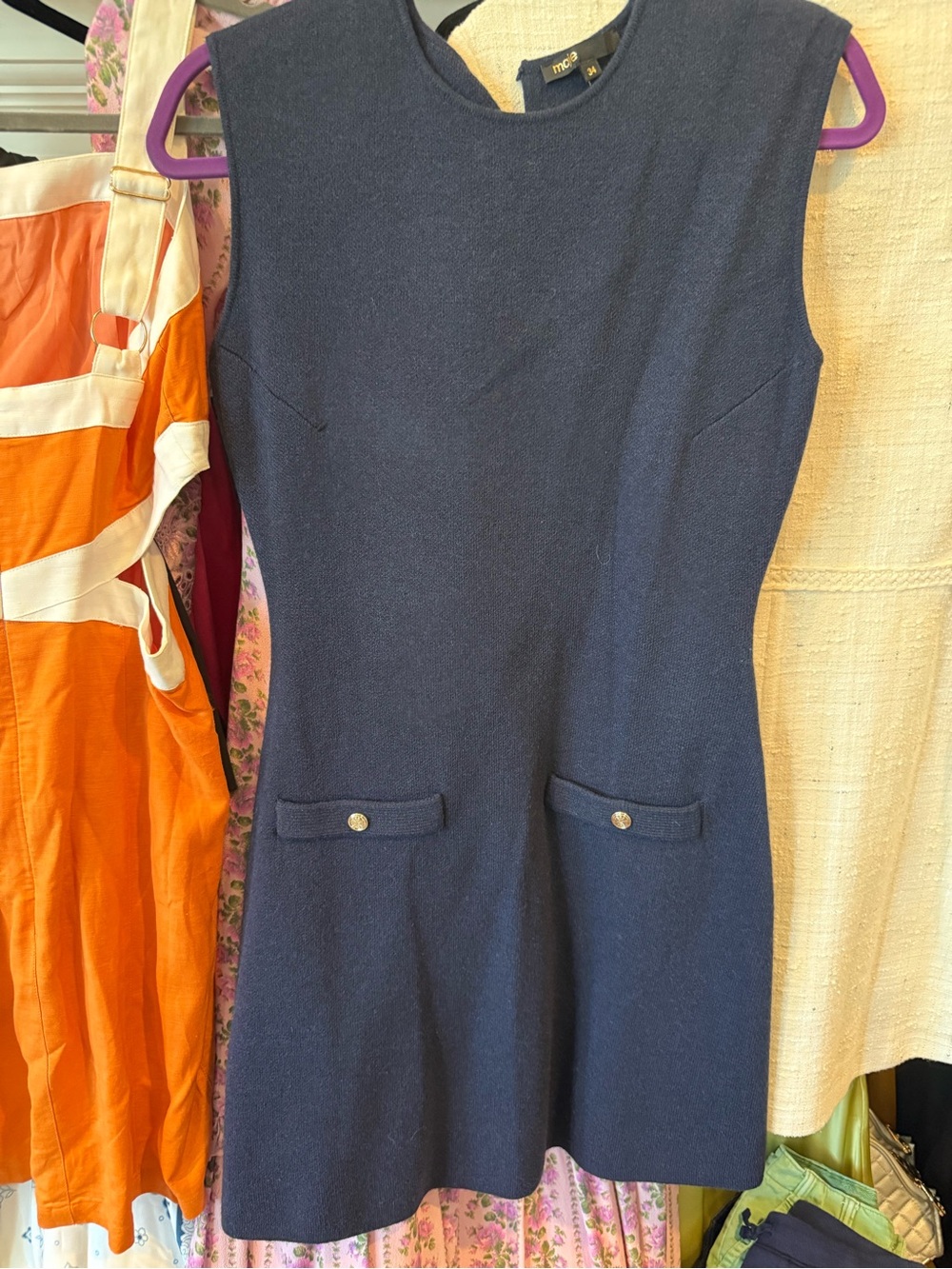 Maje Navy Sleeveless Mini Dress with Pocket Buttons